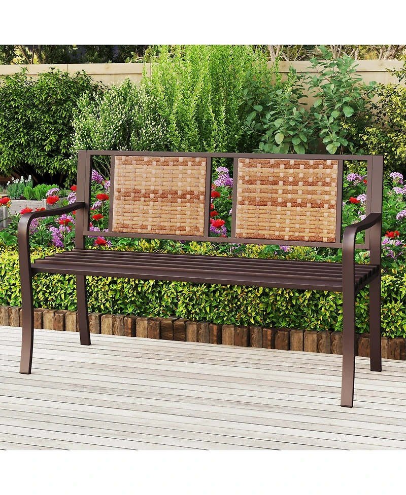 Costway 51" Patio Metal Bench for 2-3 with Rattan Backrest and Curved Armrests for Backyard