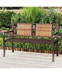 Costway 51" Patio Metal Bench for 2-3 with Rattan Backrest and Curved Armrests for Backyard