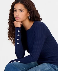 Hooked Up by Iot Juniors' Button Fine Gauge Crewneck Ribbed Cardigan
