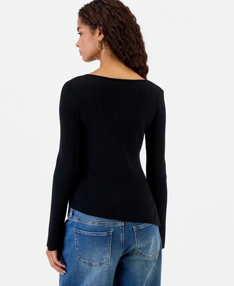 Hooked Up by Iot Juniors' Asymmetric-Hem Boat-Neck Sweater
