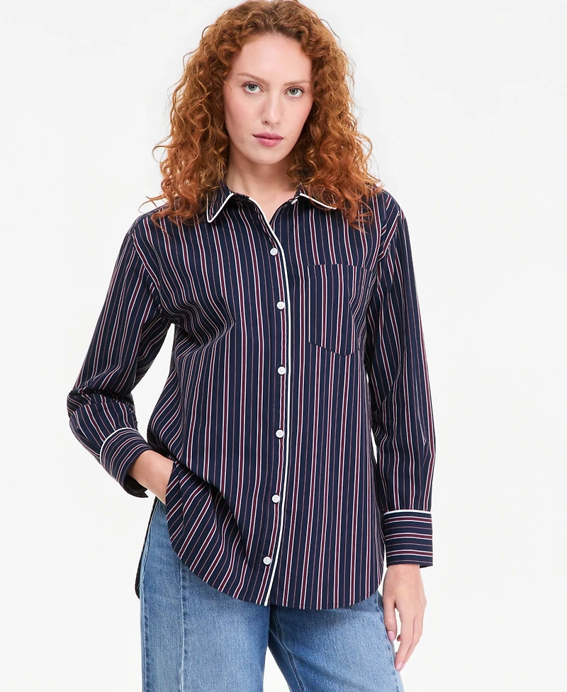 On 34th Women's Striped Poplin Long-Sleeve Button Down Shirt, Macy's Exclusive