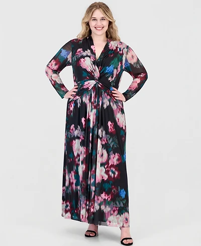Anne Klein Plus Twist Front Floral-Print Maxi Dress