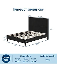 Upholstered Platform Bed Frame with 52 Inch High Vertical Channel Tufted Wingback Headboard, Wooden Slat Support