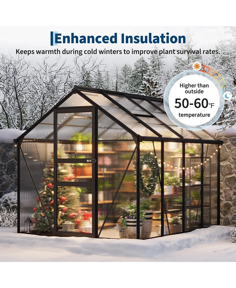 gaomon Polycarbonate Walk-In Greenhouse Heavy Duty Aluminum Frame, Lockable Sliding Door, Ground Stakes - Ideal for Garden, Backyard, Patio, Lawn