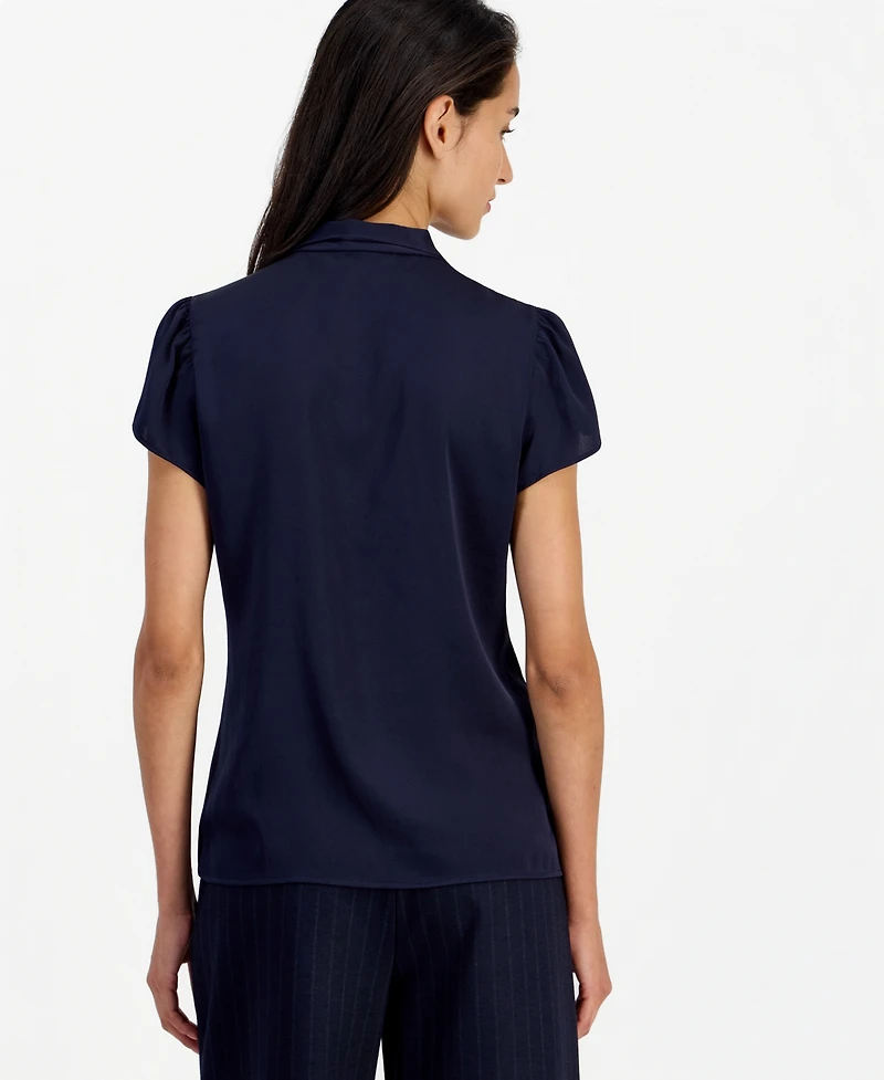Bar Iii Women's Satin Tie-Neck Flutter-Sleeve Short-Sleeve Blouse, Macy's Exclusive