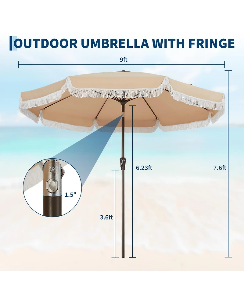gaomon 9Feet Patio Outdoor Table Umbrella with Retro Fringe with Crank Handle for Backyard, Pool, Camping