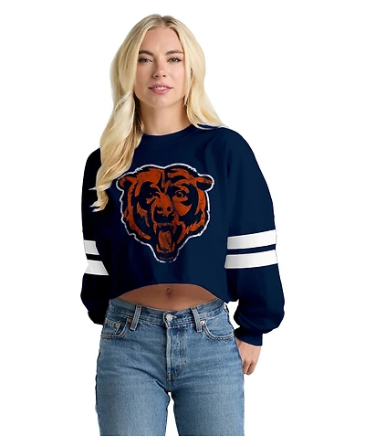 Spirit Jersey Women's Navy Chicago Bears Oversized Cropped Stripe Long Sleeve T-Shirt