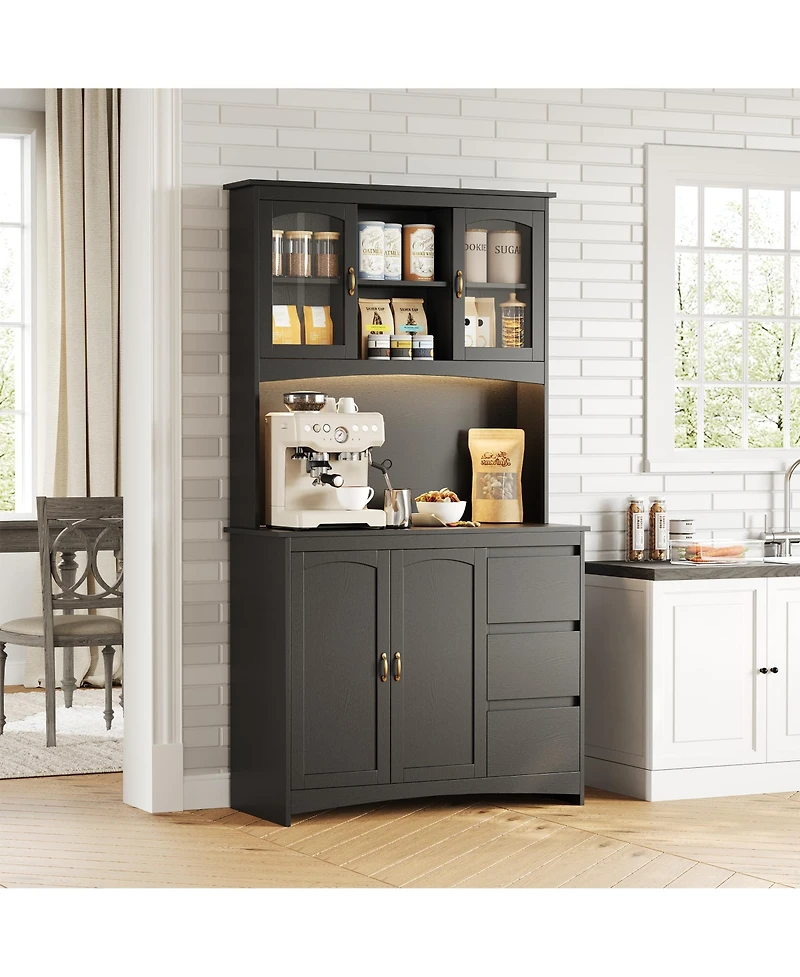 homfan 71" Tall Kitchen Pantry Cabinet with Led Lights and Charging Station, 3 Drawers, Glass Doors, Adjustable Shelves