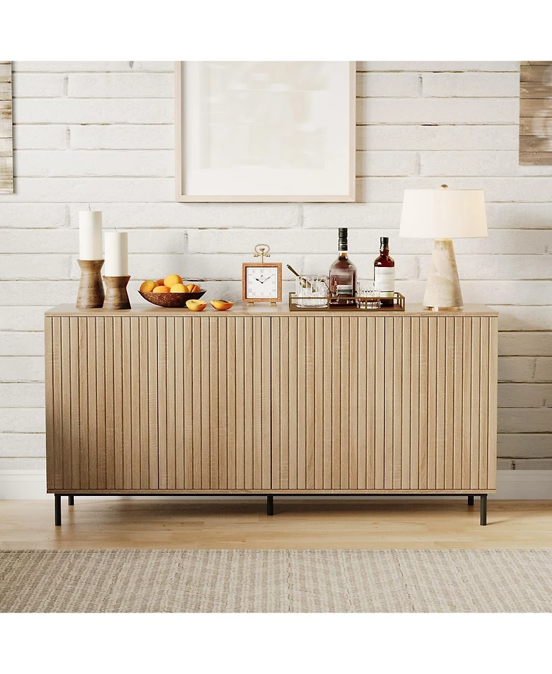 homfan 63-Inch Fluted Sideboard Buffet Cabinet with 4 Grooved Doors, Metal Legs and Adjustable Shelves, for Kitchen, Dining Room and Living Room