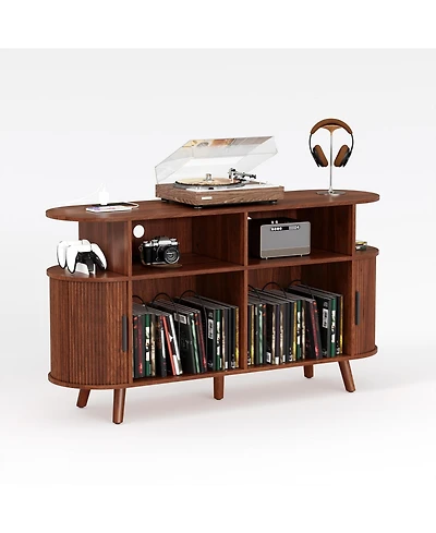 homfan 55 Inches Wide Mid-Century Round Record Player Stand with Charging Station, Usb Ports, and Ample Vinyl Storage