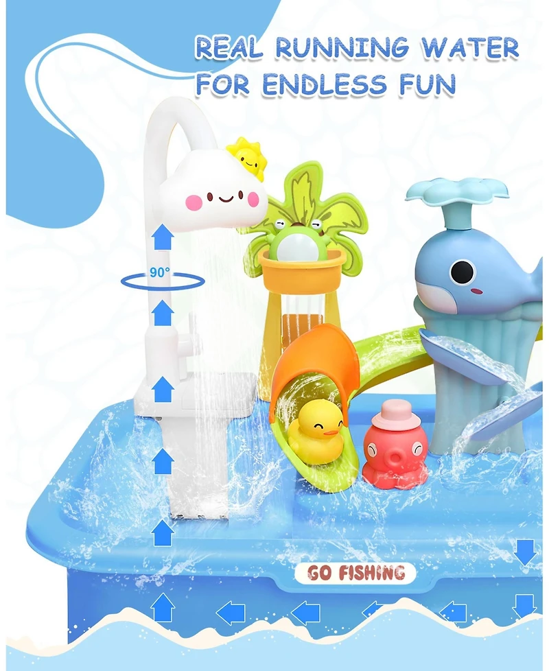 Gnuadz 4-in-1 Electric Water Table Play Sink Running Faucet Sensory Fishing Game