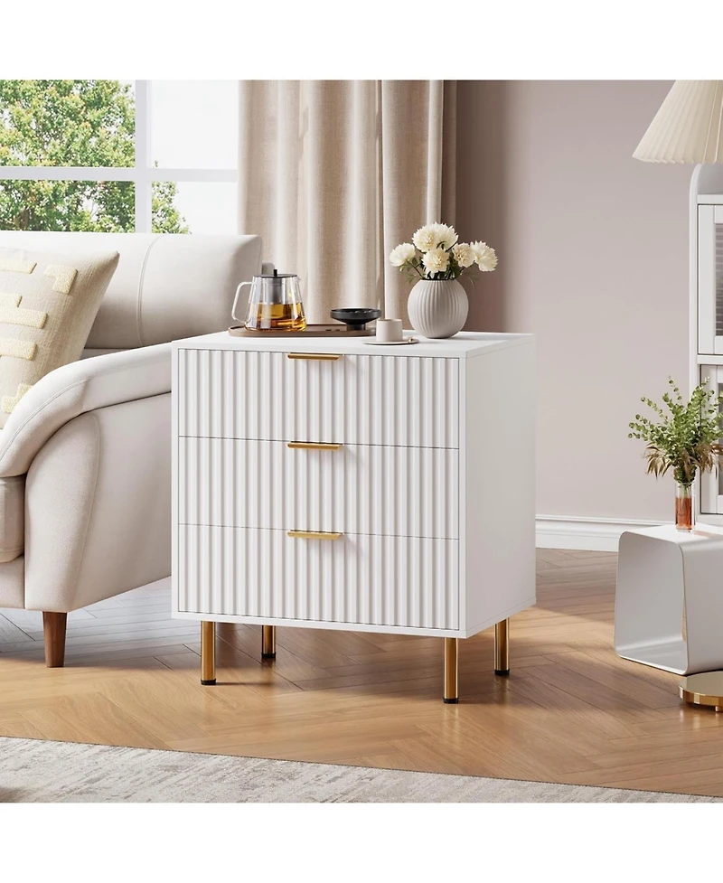 gaomon 3 Drawer Dresser for Bedroom, Fluted Dresser with Large Drawers and Sturdy Gold Legs Support, Dressers and Chests of Drawers for Bedroom