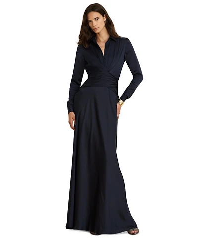Lauren Ralph Pleated Button-Up Charmeuse Gown