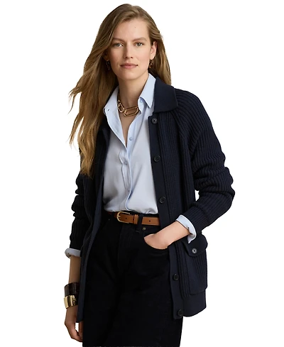 Lauren Ralph Women's Wool-Blend Rib-Knit Spread Collar Cardigan