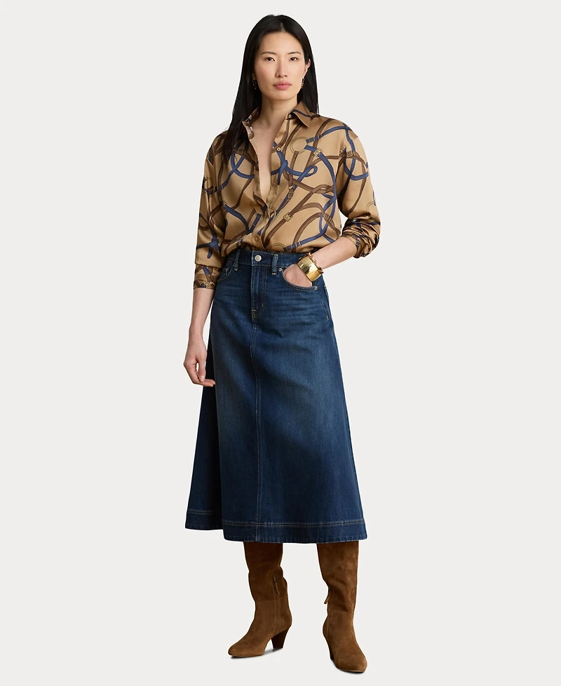 Lauren Ralph Women's A-Line High-Waisted Midi Denim Skirt