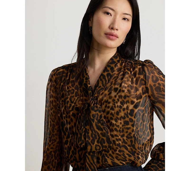 Lauren Ralph Women's Ocelot-Print Chiffon Tie-Neck Blouse