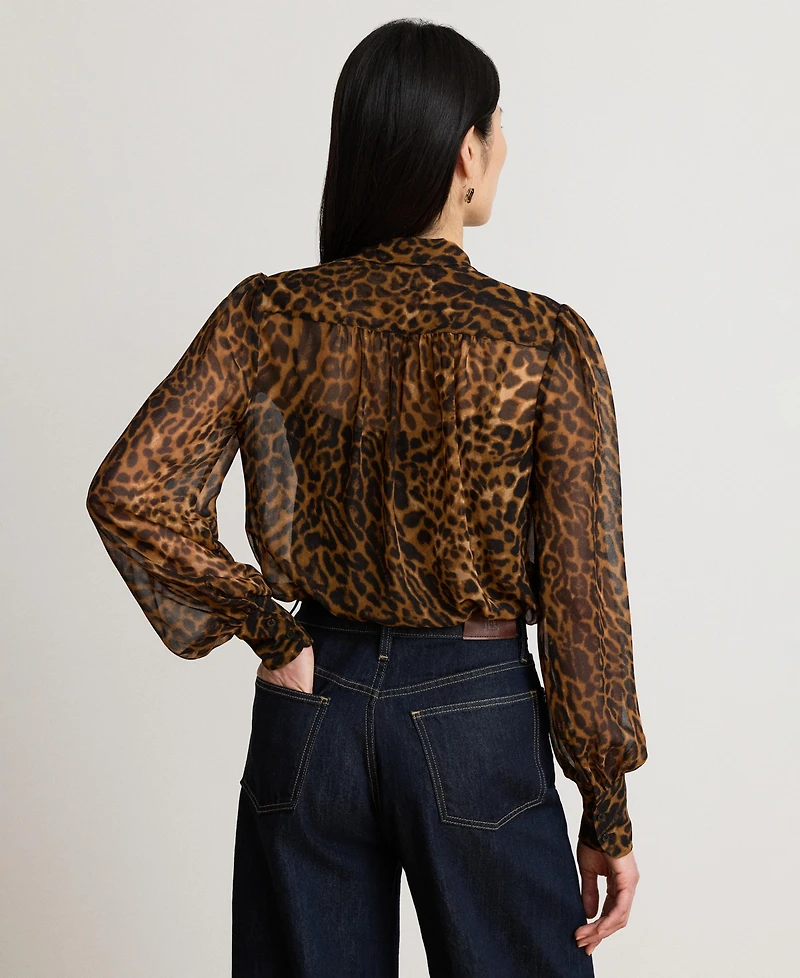 Lauren Ralph Women's Ocelot-Print Chiffon Tie-Neck Blouse