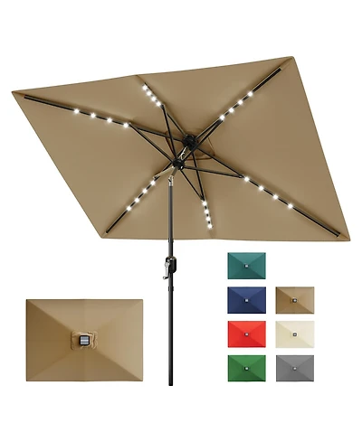 gaomon Solar Powered Rectangular Patio Umbrella With Led Lights - Outdoor Market Table Umbrella, Push Button Tilt, 6 Sturdy Ribs For Garden, Deck