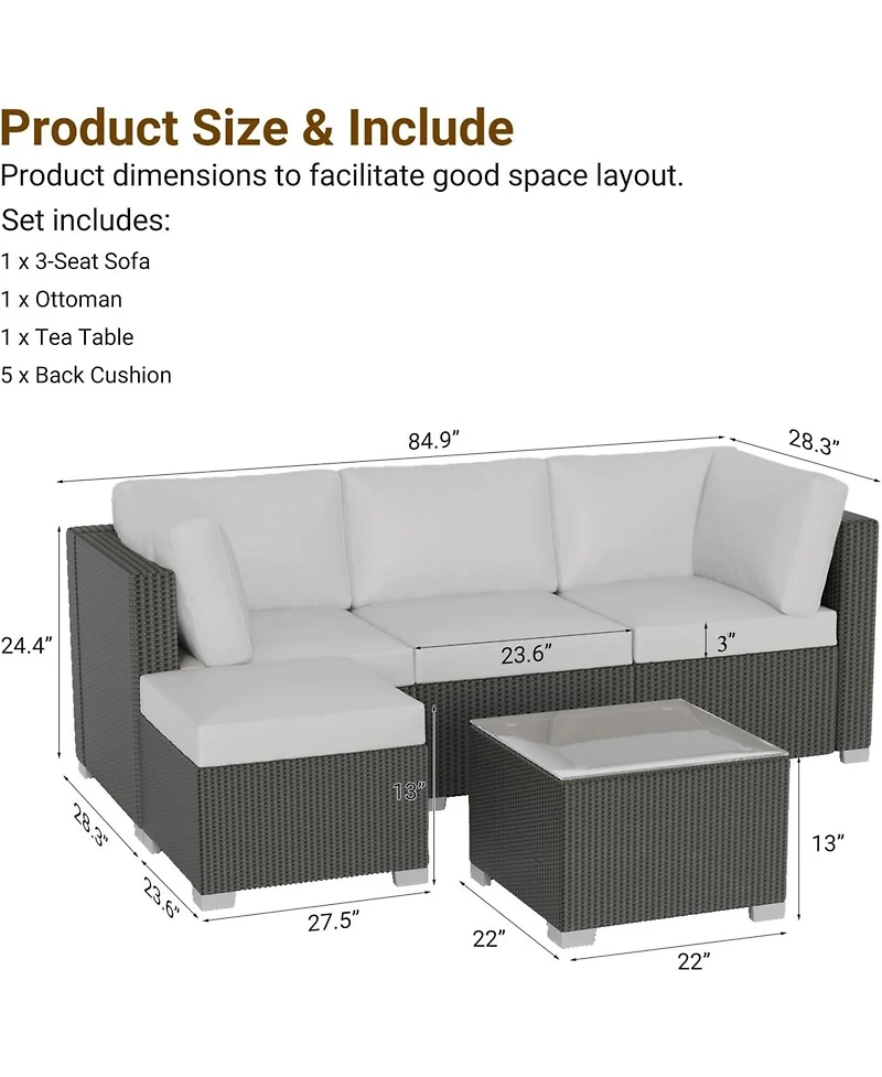 gaomon 5-Piece Outdoor Patio Rattan Wicker Sofa Set, Pe Rattan Conversation Sectional with Thickened Back Cushion, Glass Tabletop