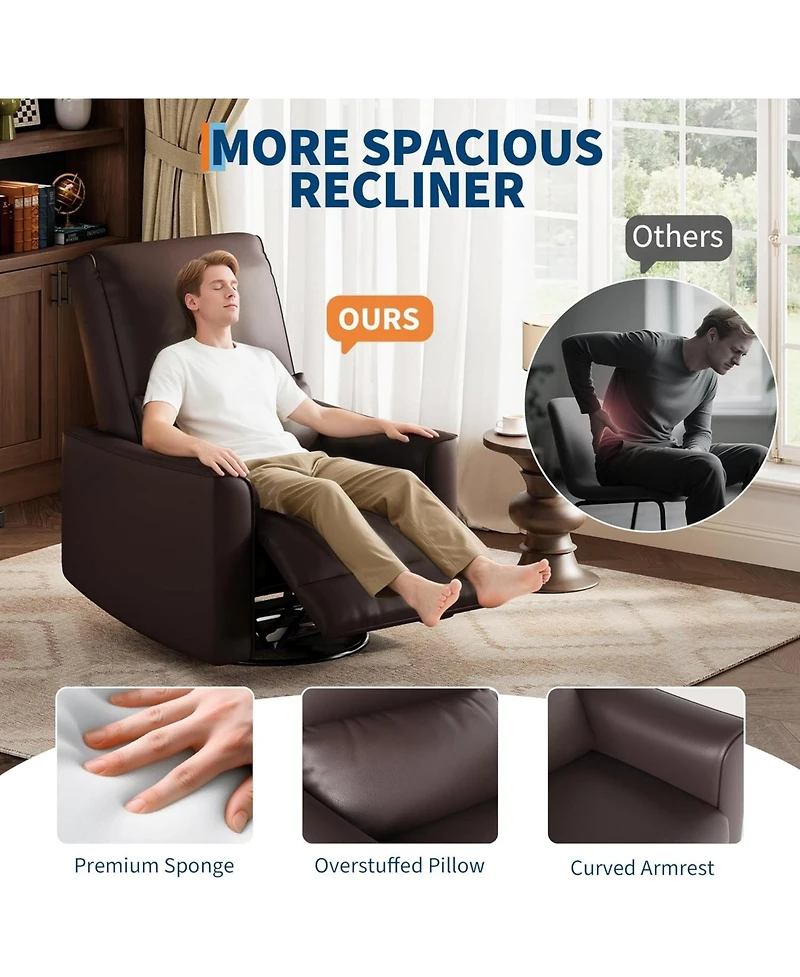gaomon Manual 360degrees Swivel Rocker Recliner Chair Pu Leather Single Sofa for Living Room, Bedroom or Nursery High Back, Deep Seat, Padded Armrests