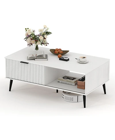 41.34 inch Rectangle Coffee Table, 2-Tier Farmhouse Table with Storage and Sliding Wave Pattern Door, Modern Wood Center Table for Living Room, Office