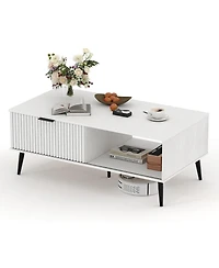 41.34 inch Rectangle Coffee Table, 2-Tier Farmhouse Table with Storage and Sliding Wave Pattern Door, Modern Wood Center Table for Living Room, Office