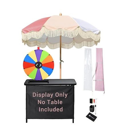 WinSpin 24" Modular Prize Wheel Tabletop w/ Palm Springs Pink Fringe Umbrella for Outdoor Pop-up Shop Craft Booth