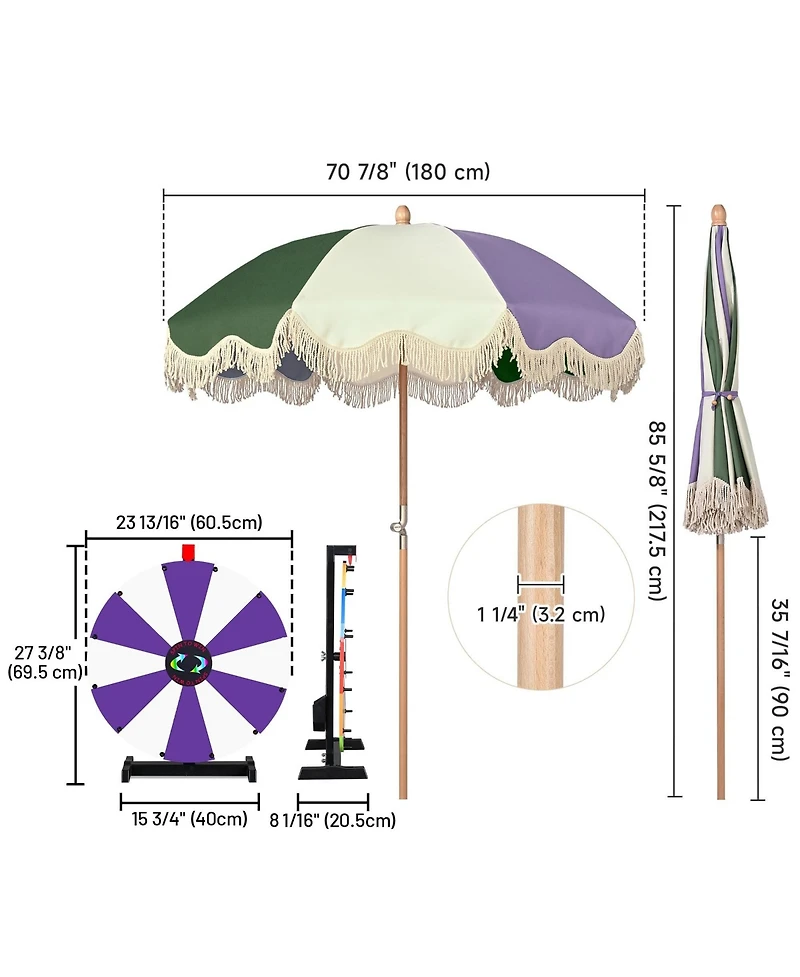WinSpin 24" Prize Wheel Tabletop with Palm Springs Purple Green Fringe Umbrella for Outdoor Pop-up Shop Craft Booth