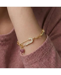 Gigi Girl Kid's/Young Teen 14k Gold Plated with Pink & Cubic Zirconia Safety Pin Dangle Heart Charm Adjustable Bracelet