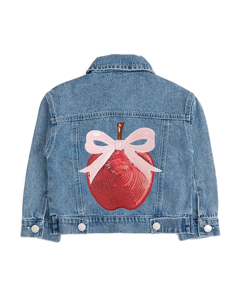 Sweet Wink Little Girls Apple Bow Sequin Patch Denim Jacket