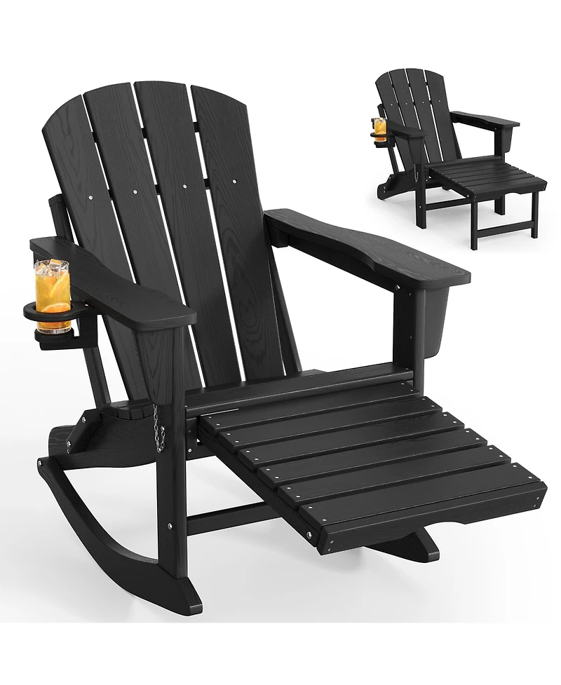 gaomon All-Weather Hdpe Outdoor Folding Adirondack Rocking Chair with Retractable Ottoman for patios, Decks