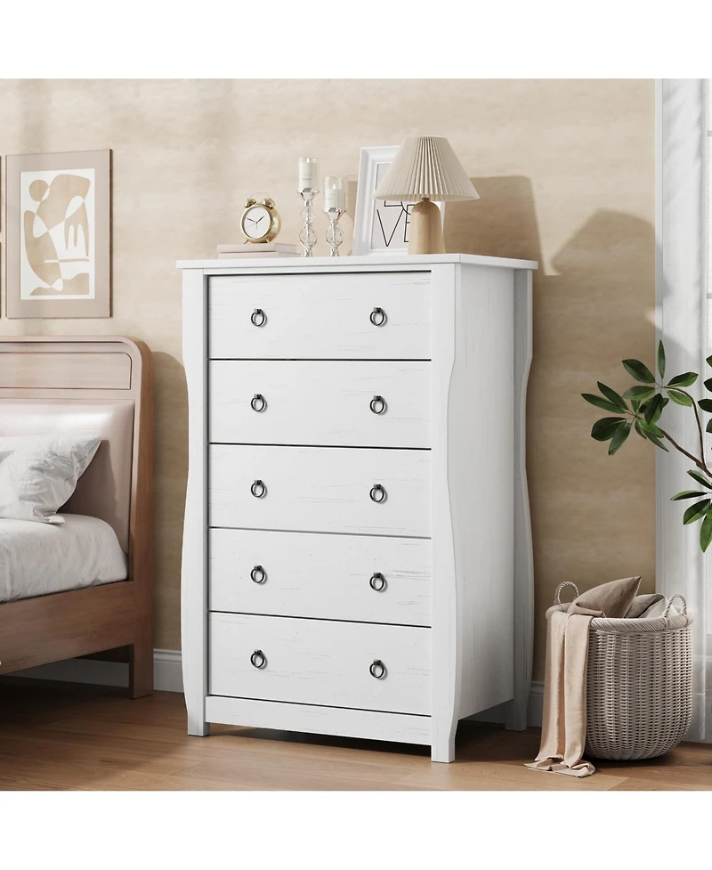 homfan 5-Drawer Dresser for Bedroom – Modern Wood Chest with Large Storage, 45 Inch Tall Organizer Cabinet with Metal Ring Handles for Closet