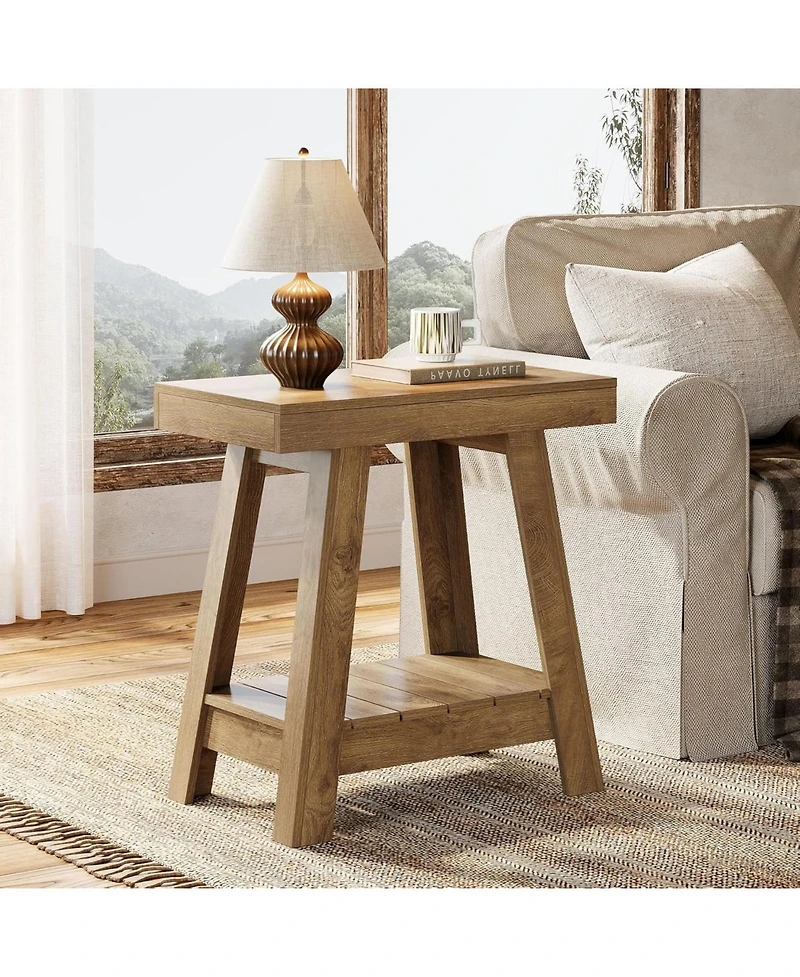 Tribesigns 2-Tier Wooden End Table Set of 2, Farmhouse Style, Rustic Grey, Small Sofa Side Table with Storage, Slim Nightstand