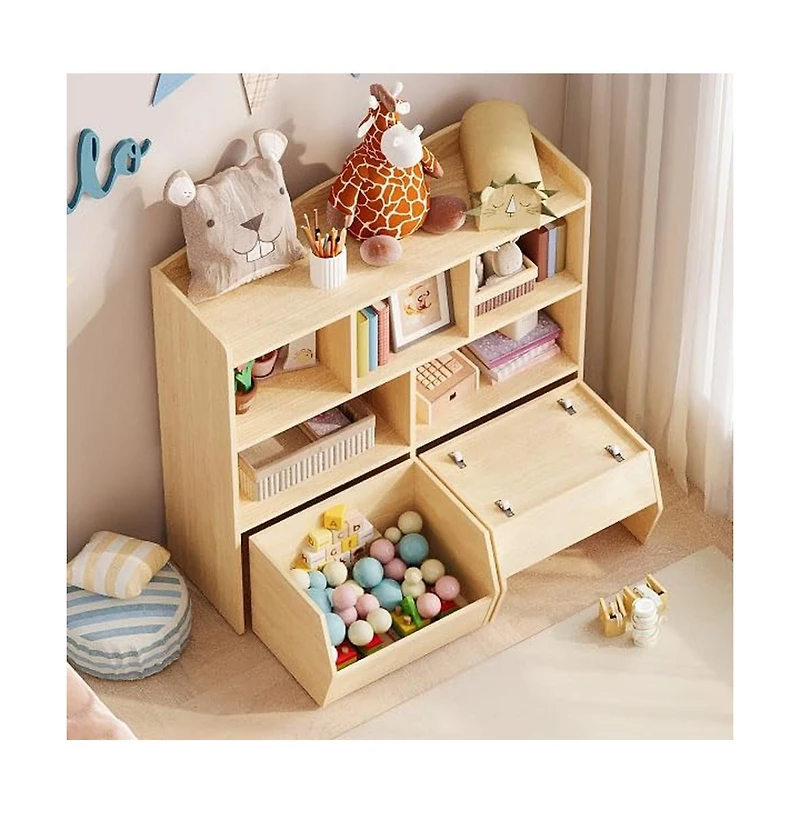 gaomon Set of 2 Toy Storage Organizer with Movable Drawers, Bookshelf with Hidden Wheels and 5 Open Cubbies, Multifunctional Floor Storage Chest