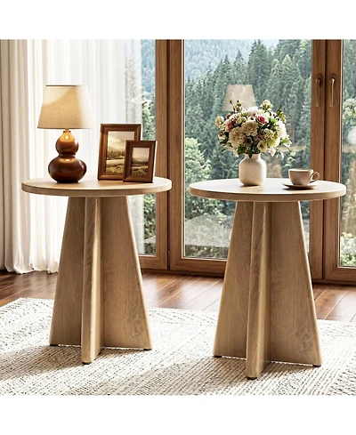 Tribesigns Round End Table Set of 2, 19.7" Small Wooden Couch Side Table with Sculptural Base, Modern Farmhouse Bedside Nightstand Accent Table