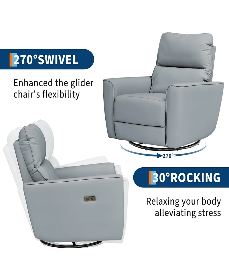 homfan Swivel Recliner Chair with Charging Port, Pu Leather Upholstered Swivel Glider with Adjustable Footrest and Curved Armrest
