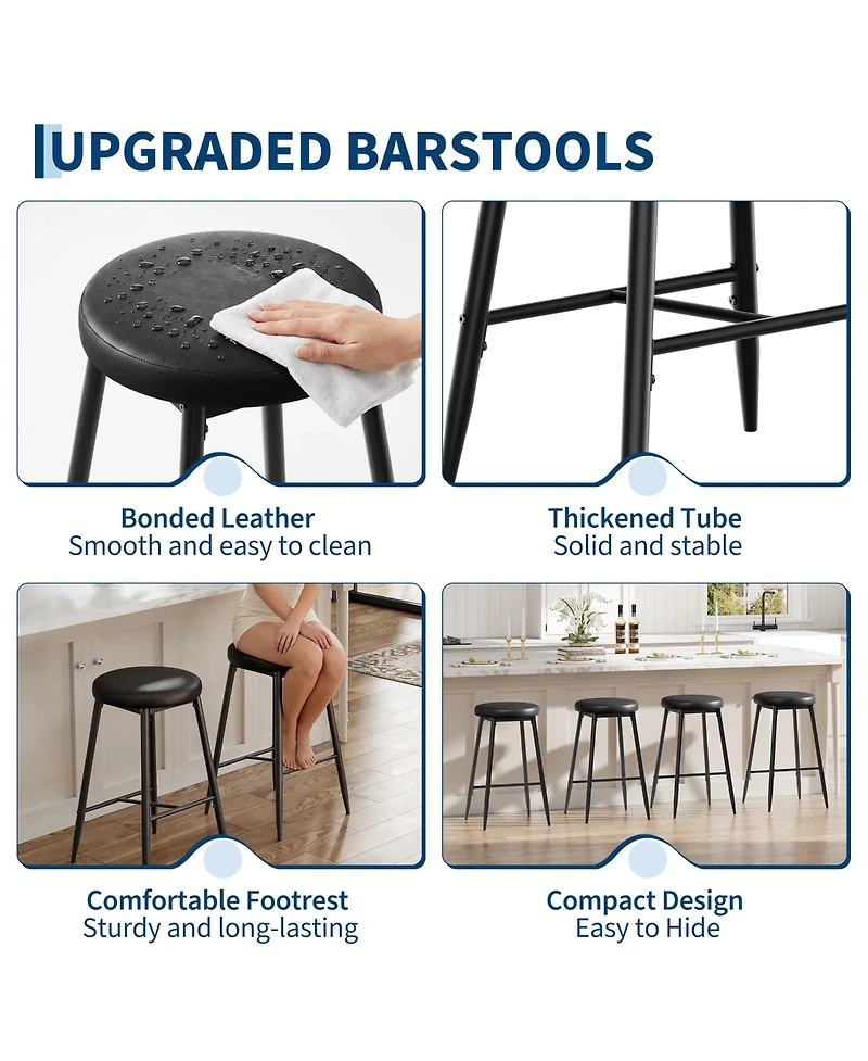 Gaomon Set of 2 Bar Stools, 26 Inch Counter Height Modern Barstools with Thick Seat, Metal Frame and Footrest, Faux Leather Saddle Stools for Kitchen
