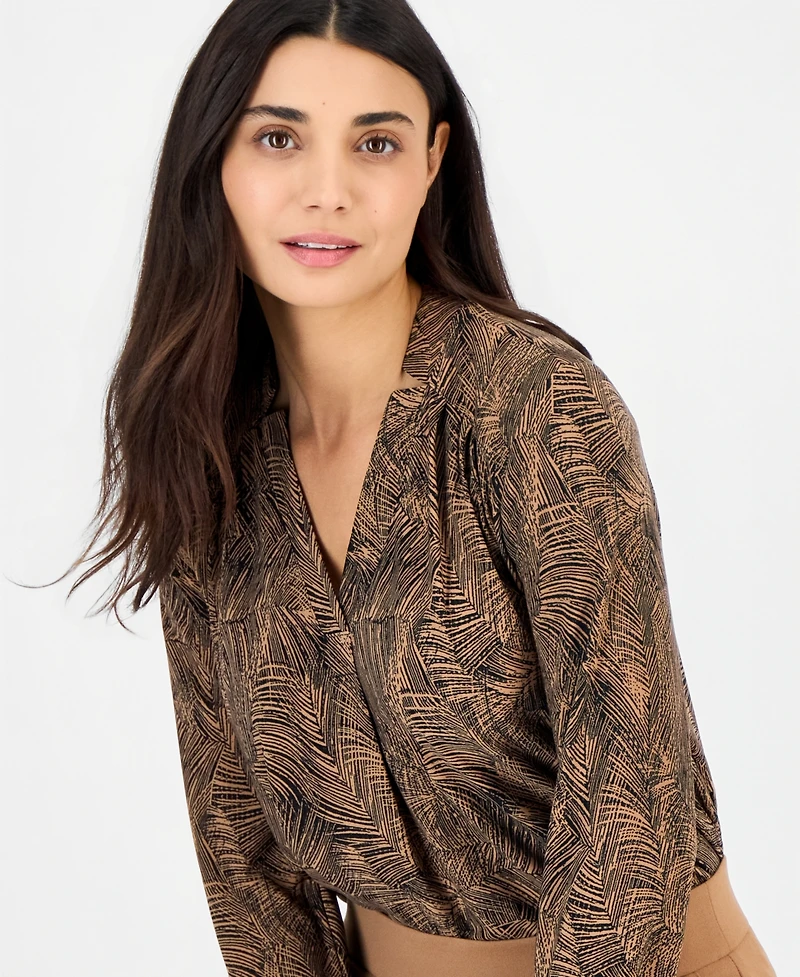 Anne Klein Essentials Petite Long-Sleeve Split-Neck Yoke Blouse