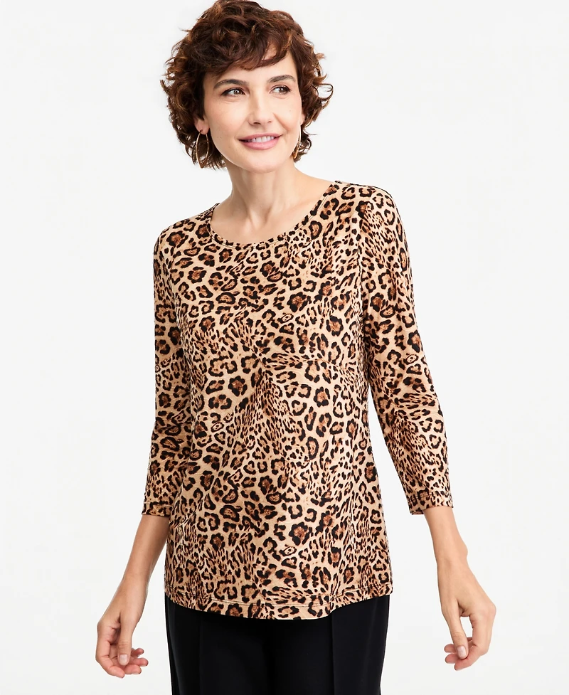 Jm Collection Petite Leopard-Print 3/4-Sleeve Scoop-Neck T-Shirt, Macy's Exclusive