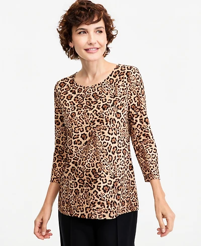 Jm Collection Petite Leopard-Print 3/4-Sleeve Scoop-Neck T-Shirt, Macy's Exclusive