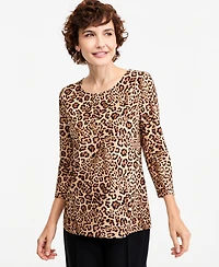Jm Collection Petite Leopard-Print 3/4-Sleeve Scoop-Neck T-Shirt, Macy's Exclusive
