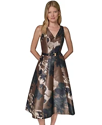 Donna Karan New York Women's Dupion Print Belted Midi Dress