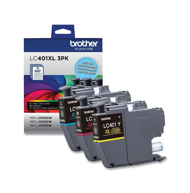 Brother LC401XL3PKS High-Yield 500-Page-Yield 3-Piece Ink Cartridges Compatible with Brother Mfc-J1010DW, Mfc-J1012DW, and Mfc-J1170DW