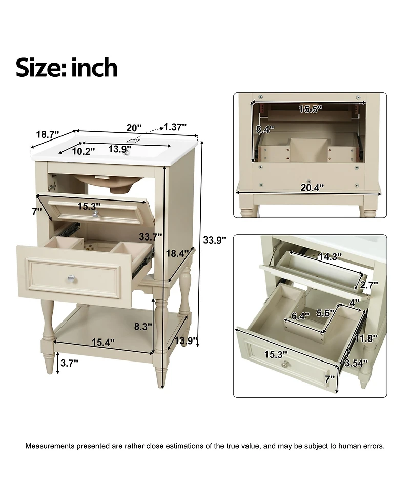 Busdays 20 Inch Ceramic Sink Bathroom Vanity Retro Design Storage Cabinet with Open Shelf and 2 Drawers