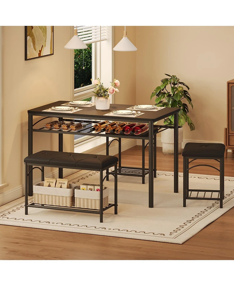 homfan Modern 4-Person Dining Table Set, Space-Saving Kitchen with Upholstered Benches, Wood and Metal Set for Apartments, Studios