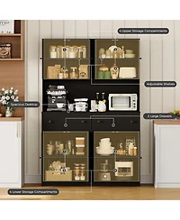 gaomon 47" Fluted Pantry Cabinet Countertop Charging Station 2 Drawers Adjustable Shelves