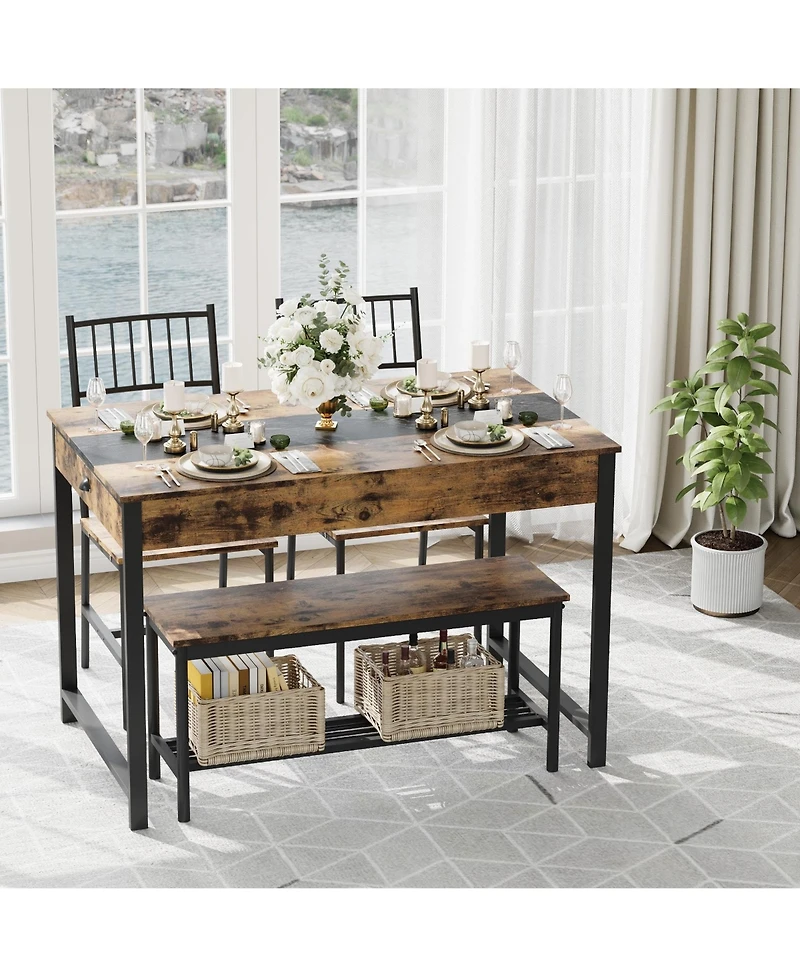 homfan Dining Table Set of 4, Wooden Kitchen with 2 Chairs, 1 Bench, Storage Drawers and Rack for Small Space Apartment