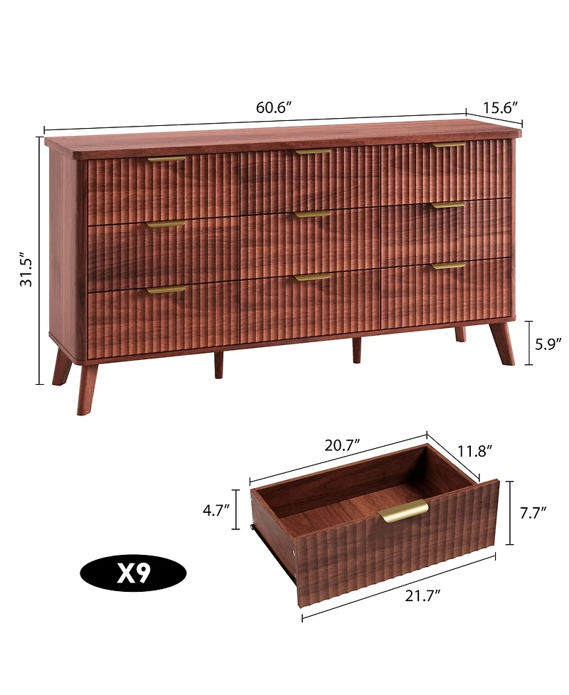 gaomon 60.6" Fluted 9-Drawer Dresser with Curved Profile, Modern Chest and Tv Stand