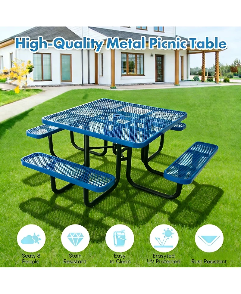 homfan Heavy Duty Metal Picnic Tables for Outdoors with Umbrella Hole, Square Top Coated Steel Commercial Grade Furniture Set Weather