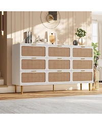 gaomon Rattan 9 Drawer Dressers for Bedroom, Tall Dresser with Deep Drawers, Large Chest of Drawers for Closet with Wide Top, Long Wooden Dresser